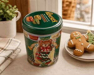 Vintage Collectible Tin - 1990 Hershey Reeses - Green Christmas Bear in Stocking
